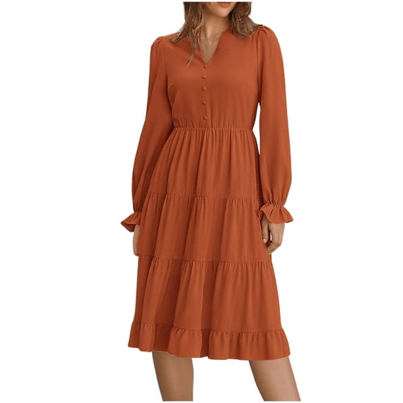 Efsteb Long Sleeve Dress for Women V Neck Solid Color Ruffled Layered Flowy Swing Midi Dresses Loose Fit Beach Vocation Outfit (Brown,XL)