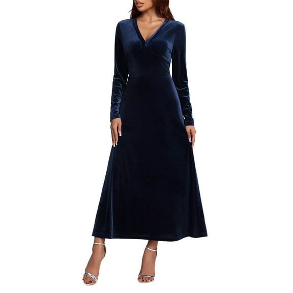 Efsteb Long Sleeve Dress for Women Wedding Guest Velvet Maxi Dress V Neck Wrap Waist Long Dresses Elegant Evening Bodycon Cocktail Gowns (Blue,XL)