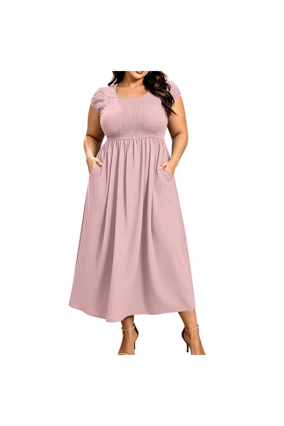 Loose Dresses for Women Summer Plus Size Smocked Pleated Maxi Dress Short Sleeve Empire Waist Fashion Casual Long Dress with Pockets (Pink,XXL)