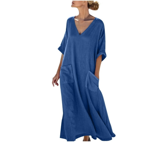 Efsteb Loose Fitting Dress Womens Dresses Boho Maxi Dresses V Neck 3/4 Sleeve Long Dress Casual Comfy Dress with Pockets (Blue,XXL)