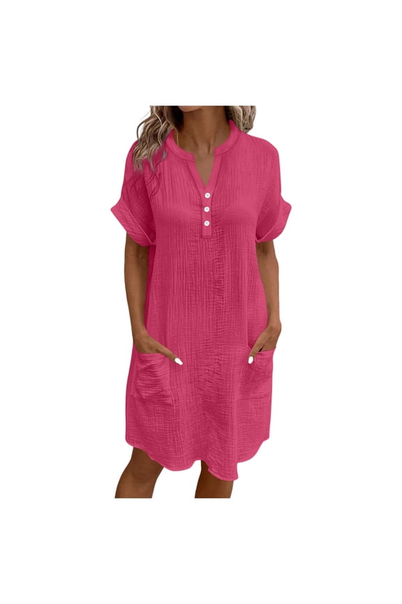 Loose Fitting Dress Womens Dresses Cotton Short Sleeve V Neck Button Knee Length Solid Color Casual Clothes with Pocket (Hot Pink,S)