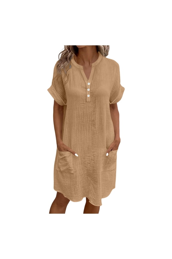 Loose Fitting Dress Womens Dresses Cotton Short Sleeve V Neck Button Knee Length Solid Color Casual Clothes with Pocket (Khaki,L)