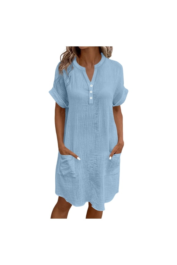 Loose Fitting Dress Womens Dresses Cotton Short Sleeve V Neck Button Knee Length Solid Color Casual Clothes with Pocket (Light Blue,L)
