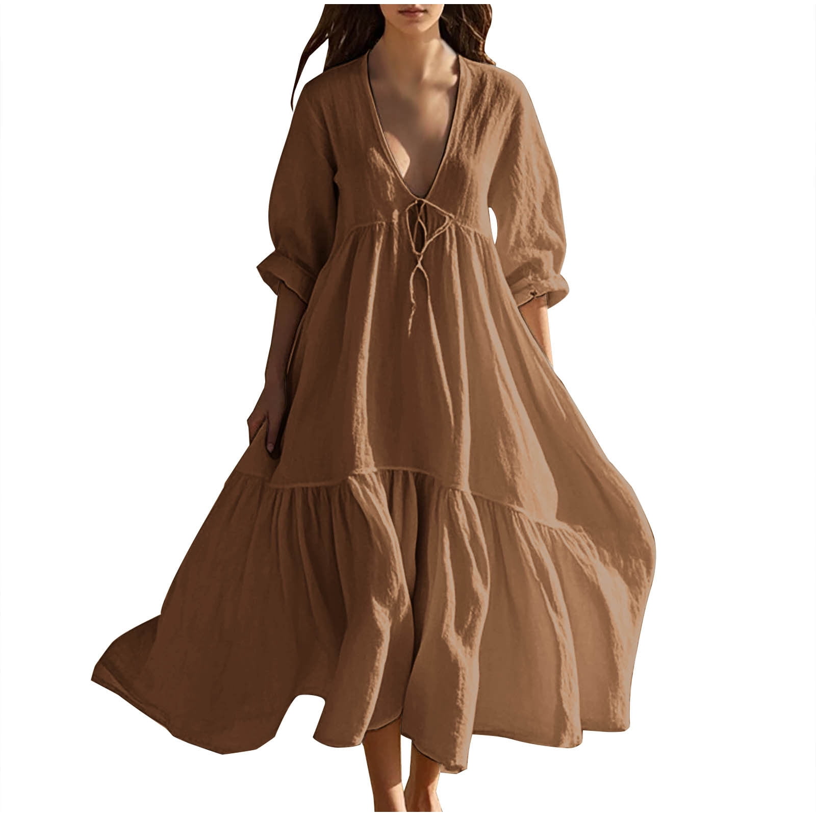 Efsteb Loose Fitting Dress Womens Dresses Short Sleeve Tiered Maxi Dress Casual Tie V Neck Flowy A-Line Swing Ruffle Long Dresses (Coffee,XXL)