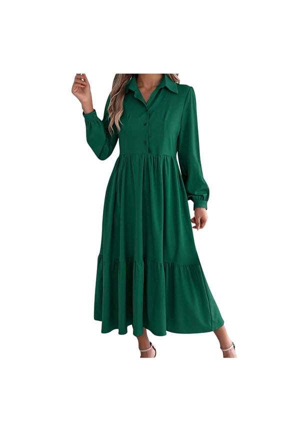 Maxi Dress for Women 2025 Long Sleeve Lapel V Neck A Line Ruffle Dress Elegant Tiered Cocktail Party Dresses (Green,XL)