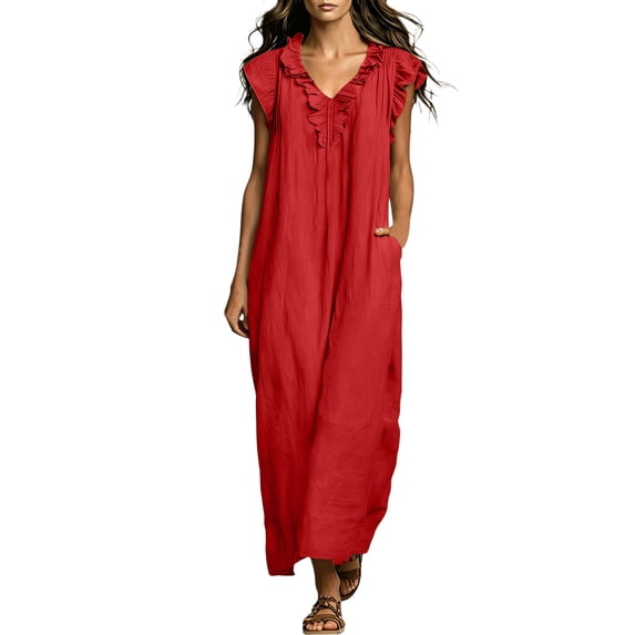 Efsteb Maxi Dresses for women plus size Fly Sleeve V-Neck Ruffle Trim Dress Solid Color Casual Loose Sundress with Pockets for Beach Vacation (Red,S)