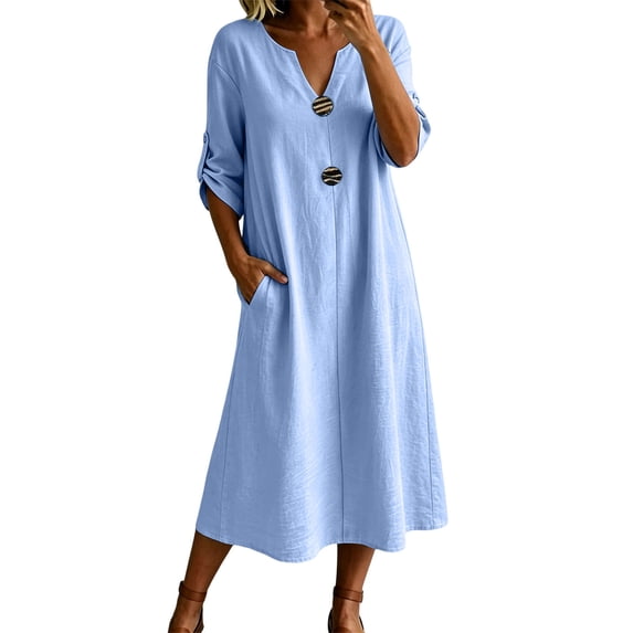 Efsteb Midi Dresses for Women Solid Color Buttons V Neck Roll Up 3/4 Sleeve Dress with Pockets Casual Loose Fit A-Line Dress (Blue,S)
