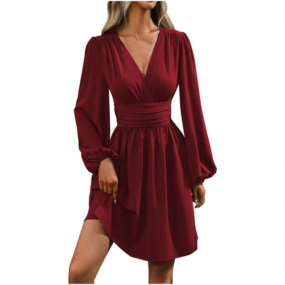 Efsteb Mini Dresses for Women Formal V Neck Lantern Long Sleeve Ruched Waist Dress High Waisted Casual Cocktail Dress (Wine,L)