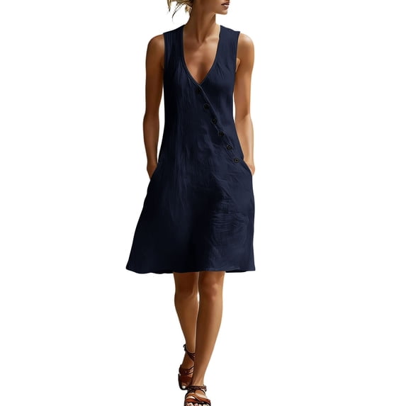 Efsteb Mini Dresses for Women Summer Sleeveless V-Neck Button Cotton Blend Casual Loose Fit A-Line Dress with Pockets Sundress (Navy,S)