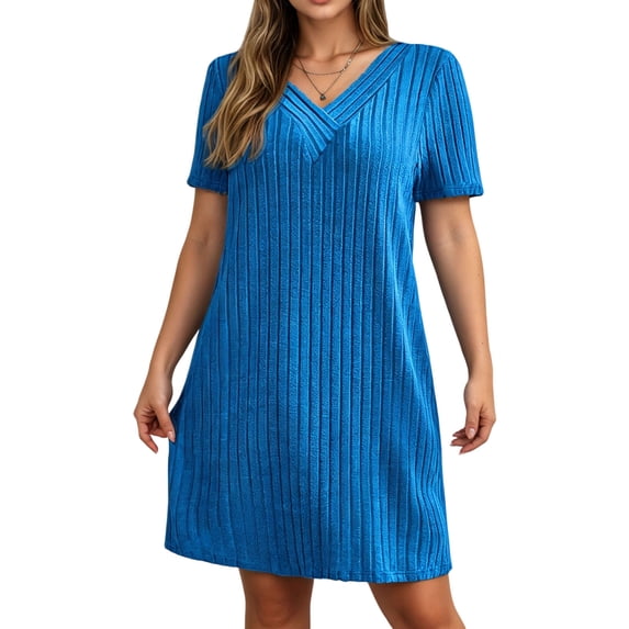Efsteb Mini Dresses for women summer Ribbed V-Neck Short Sleeve Casual Shirts Dress Loose Fit Textured Knit Dress for Everyday (Blue,XXXXL)