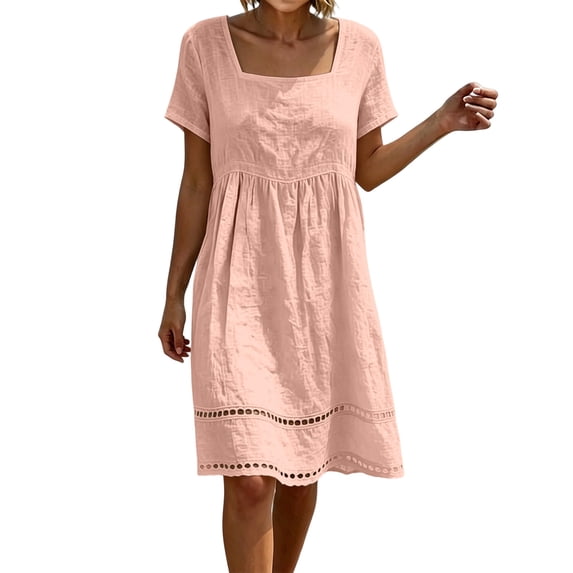 Efsteb Mini Dresses for women summer Square Neck Cotton Short Sleeve Casual A-Line Dress with Eyelet Hem Loose Fit Everyday Midi Dress (Pink,S)