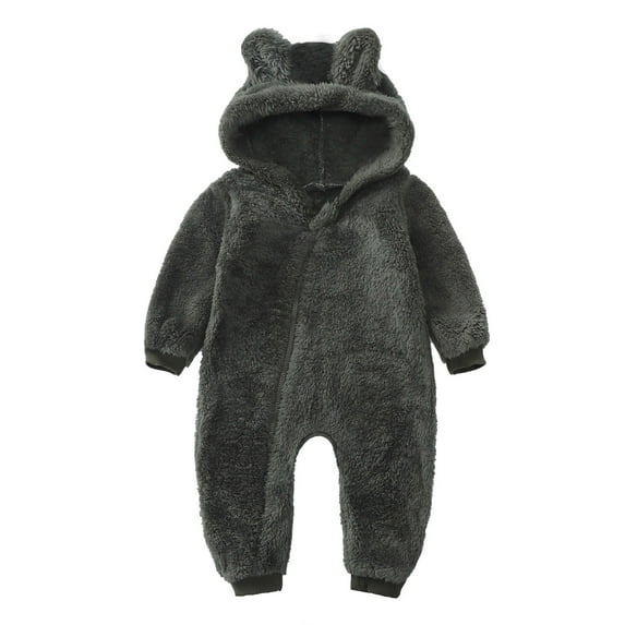 Efsteb Newborn Infant Baby Solid Color Plush Hooded Jumpsuit Cute Bear Ears Winter Thick Keep Warm Jumpsuit Romper Toddler Girls Boys Army Green 18-24 Months