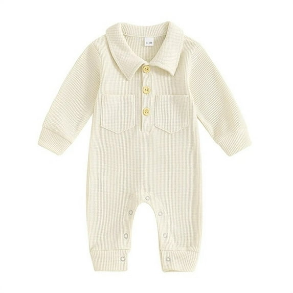 Efsteb Newborn Infant Toddler Baby Boys Fall Romper Long Sleeve Solid Color Lapel Casual Jumpsuit Romper (Beige,12-18 Months)