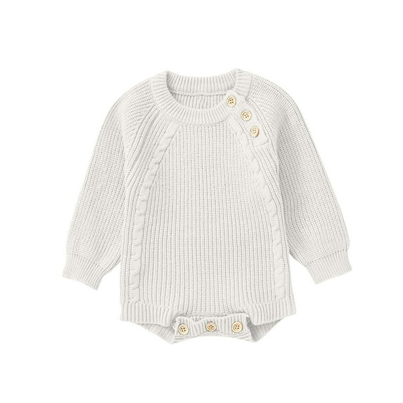 Efsteb Newborn Toddler Baby Girls Boys Fall Winter Romper Casual Long Sleeve Solid Color Buton Round Neck Jumpsuit Romper (White,0-6 Months)