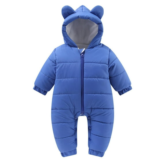 Efsteb Newborn Toddler Baby Girls Boys Thickening Romper Winter Warm Long Sleeve Jumpsuit Solid Color Hooded Romper (Blue,6-9 Months)