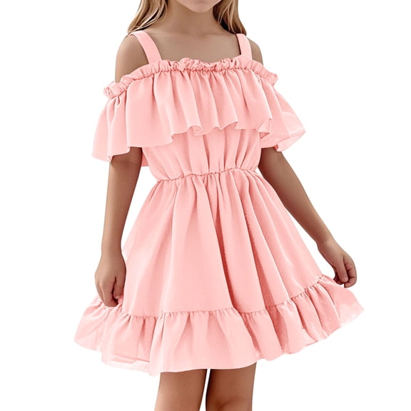Efsteb Off Shoulder Dresses for Girls Spaghetti Strap Ruffle Solid Mini Dress Kids Summer Beach Vacation Sundresses (Pink,1 Years)