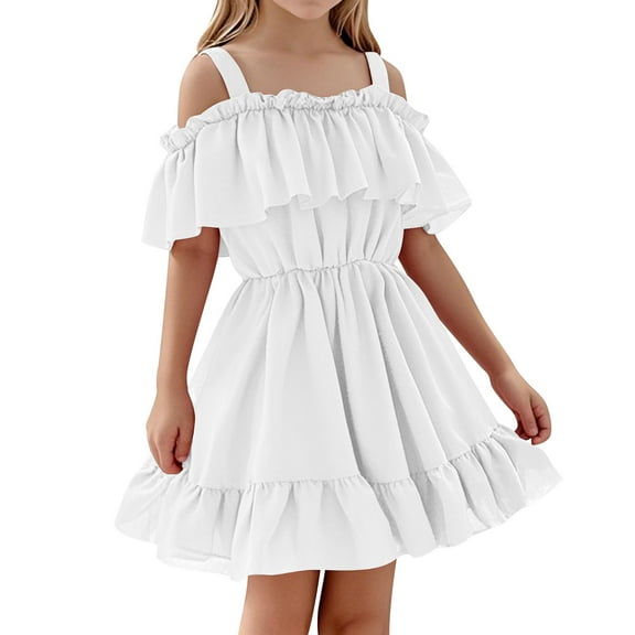 Efsteb Off Shoulder Dresses for Girls Spaghetti Strap Ruffle Solid Mini Dress Kids Summer Beach Vacation Sundresses (White,2 Years)