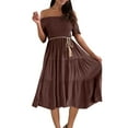 thumbnail image 1 of Efsteb Off Shoulder Dresses for Women Short Sleeve Casual Flowy A Line Tiered Midi Dress (Brown,L), 1 of 7