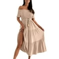 thumbnail image 1 of Efsteb Off Shoulder Dresses for Women Short Sleeve Casual Flowy A Line Tiered Midi Dress (Khaki,S), 1 of 6