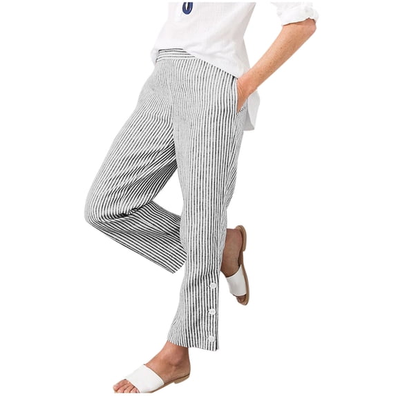Efsteb Pants for Women Work Casual Striped Print Button Slit Pants High Waisted Drawstring Straight Leg Trousers (Black,M)