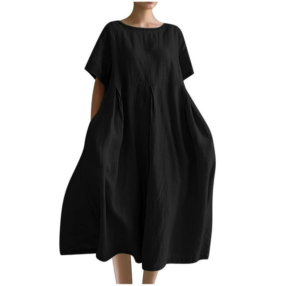 Efsteb Plus Size Casual Cotton Linen Dress for Women Solid Color Crewneck Short Sleeve Summer Loose Maxi Dress with Pockets (Black,XXL)