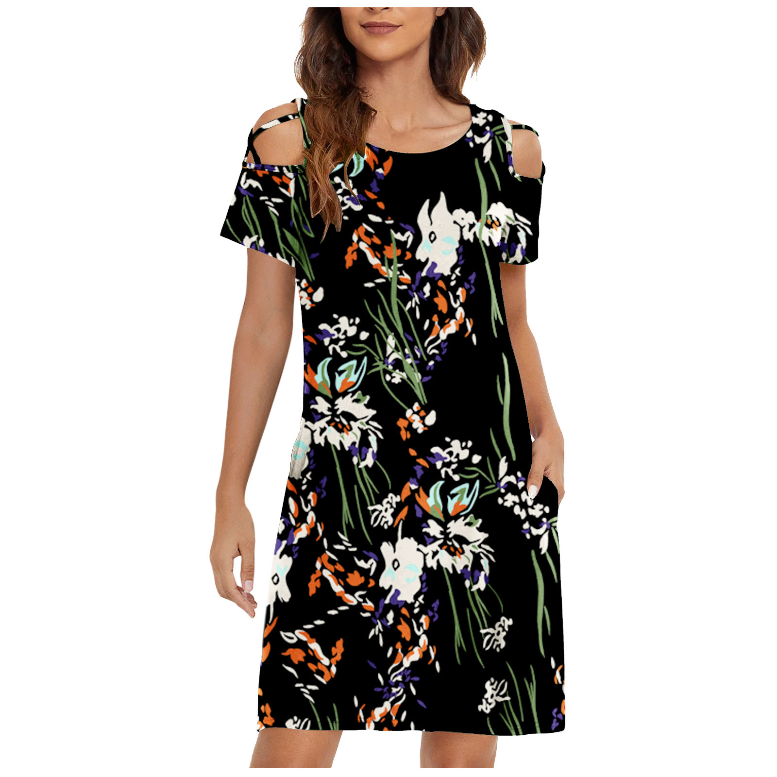 Efsteb Plus Size Dress for Women Crewneck Dresses Summer Trendy Loose