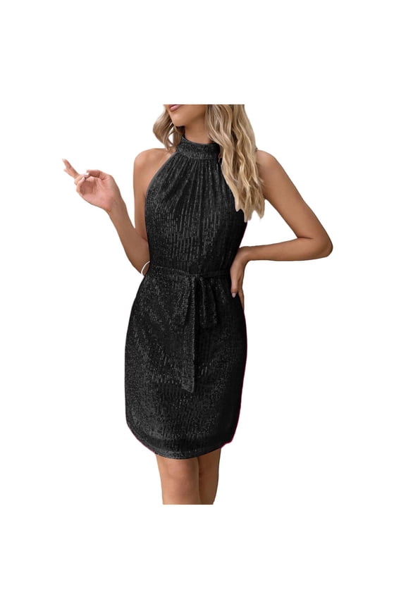 Prom Dresses for Women Sparkly Wraepped Holiday Party Cocktail Dress Solid Color Fashion Sleeveless Dress Casual Elegant Crew Neck ,Size:XL