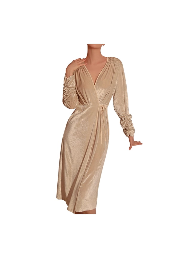 Robes For Women Velvet Bandage Robes Pajamas Solid Color Nightgown Comfy Sleepwear Loose Fall Fashion Long Sleeve Clothes Homewear (Beige,L)