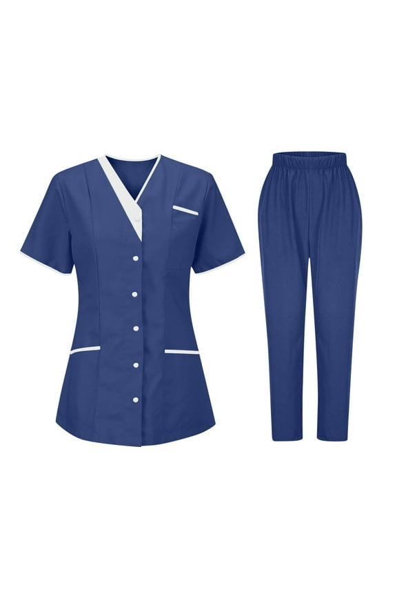 Scrubs Sets for Women 2 Piece Workwear Outfits Stretch Short Sleeve Button V Neck Uniform Tops Long Pants Suits Set (Navy,S)