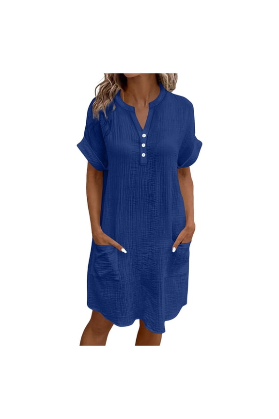 Shirt Dresses For Women Spring V-Neck Casual Short Sleeve Button Cotton Dresses with Pocket Solid Color Resort Dress Loose Fit ,Size:XXL
