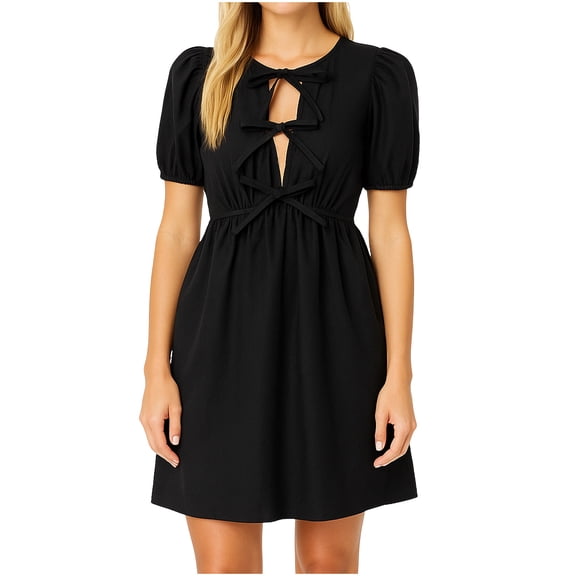 Efsteb Short Sleeve Dresses for Women 2025 Puff Sleeve Midi Knee Length Dress Bow Tie Tie Knot Basic Dresses (Black,S)
