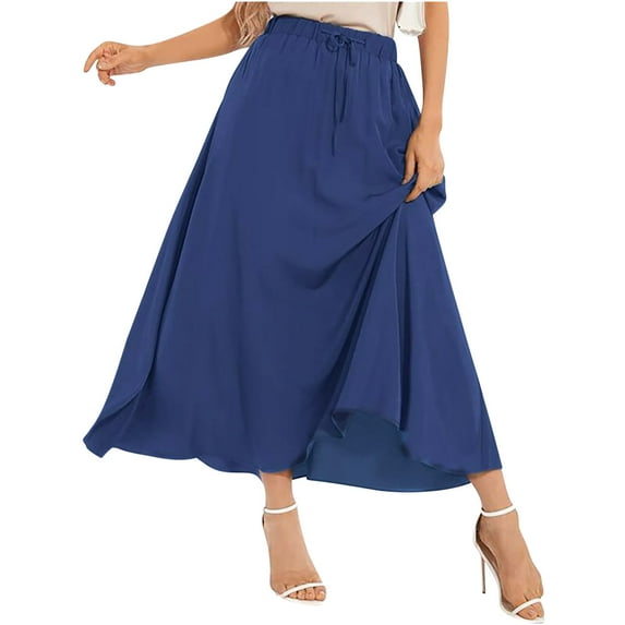 Efsteb Skirts for Women High Waist Pleated Long Skirt Spring Fall Solid Color Comfy Casual Fashion Skirts (Blue,S)