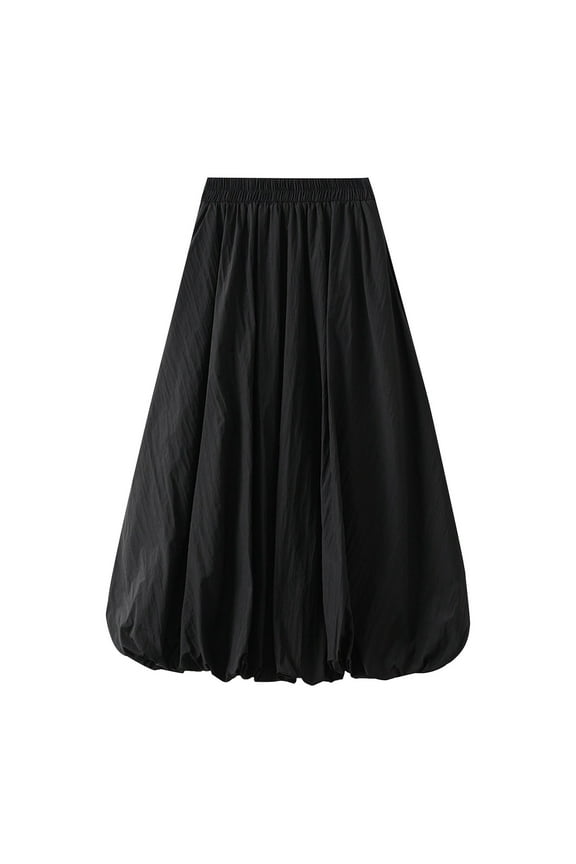 Skirts for Women High Waist Pleated Mid-calf Skirt Fashion Solid Color Spring Fall Casual Comfy Skirts (Black,Free Size)