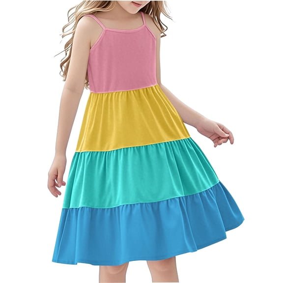 Efsteb Spaghetti Strap Dresses for Girls Fashion Ruffle Tiered Summer Beach Dresses Casual Loose Sleeveless Dress (Yellow,4 Years)