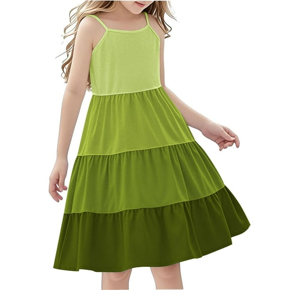 Efsteb Spaghetti Strap Dresses for Girls Fashion Sleeveless Dress Casual Ruffle Tiered Summer Beach Dresses (Army Green,13 Years)