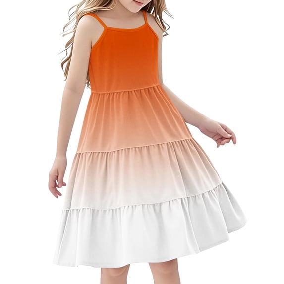 Efsteb Spaghetti Strap Dresses for Girls Summer Casual Sleeveless Boho Flowy Ruffle Tiered Sundress (Orange,7 Years)