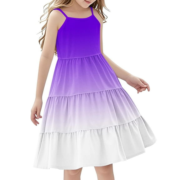 Efsteb Spaghetti Strap Dresses for Girls Summer Casual Sleeveless Boho Flowy Ruffle Tiered Sundress (Purple,5 Years)