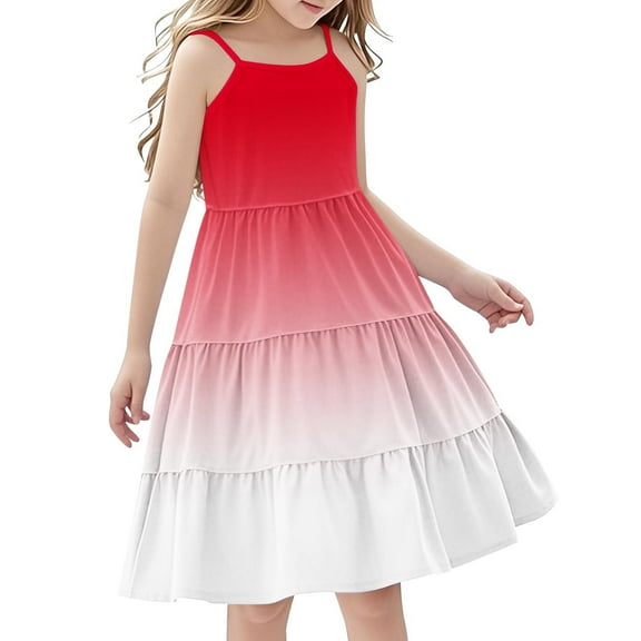 Efsteb Spaghetti Strap Dresses for Girls Summer Casual Sleeveless Boho Flowy Ruffle Tiered Sundress (Red,9 Years)