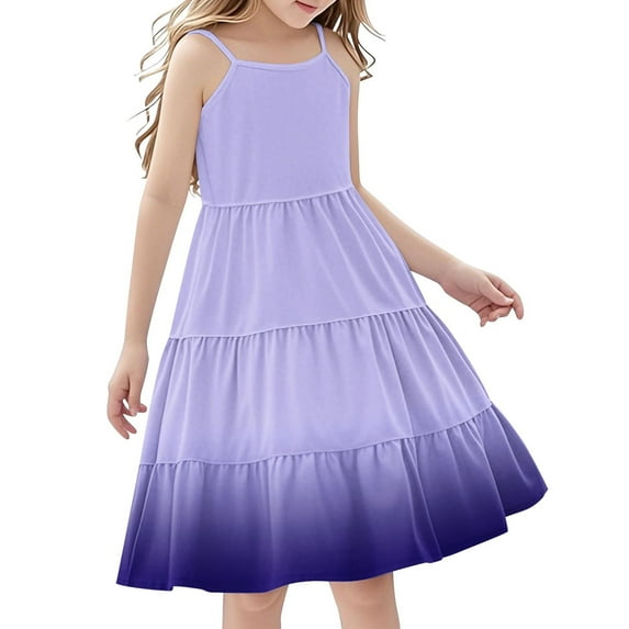 Efsteb Spaghetti Strap Dresses for Girls Summer Dress for Girls Casual Sleeveless Boho Flowy Ruffle Tiered Sundress (Purple,4 Years)