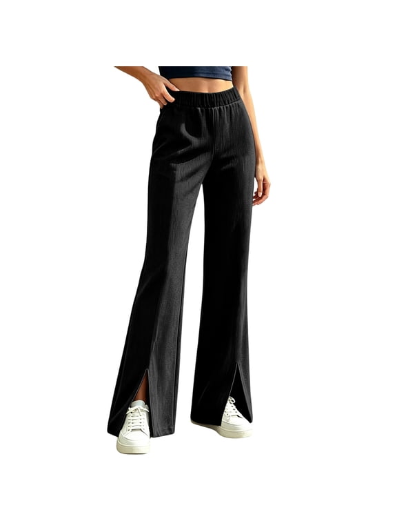 Split Flare Pants for Women Elastic High Waist Solid Casual Dressy Trousers with Front Slit Hem