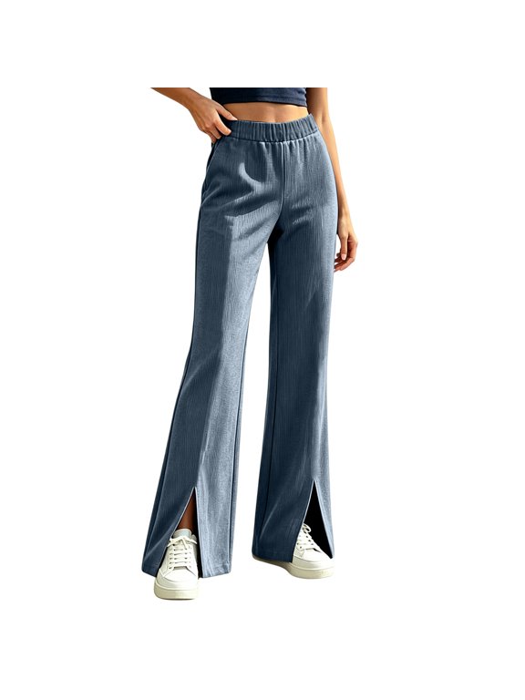 Split Flare Pants for Women Elastic High Waist Solid Casual Dressy Trousers with Front Slit Hem