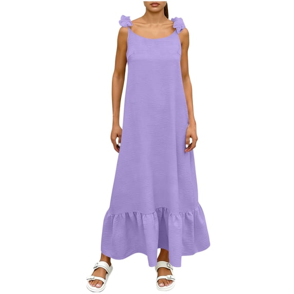 Efsteb Spring Dresses for Women Vacation Solid Color Fashion Ruffle Ruched Long Dress with Back Tie Crew Neck Beach Loose Sleeveless Casual Dresses (Purple,S)