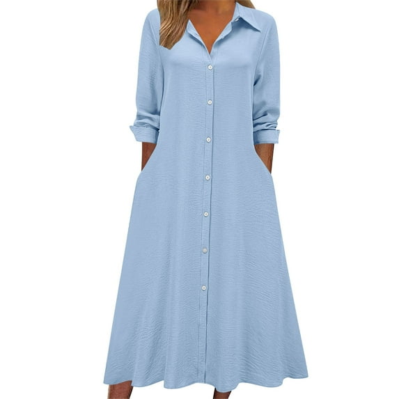 Efsteb Spring Dresses for Women Casual Button Lapel V Neck Shirt Dress Long Sleeve Vacation Maxi Dress Fall Fashion Line Dresses (Blue,XL)