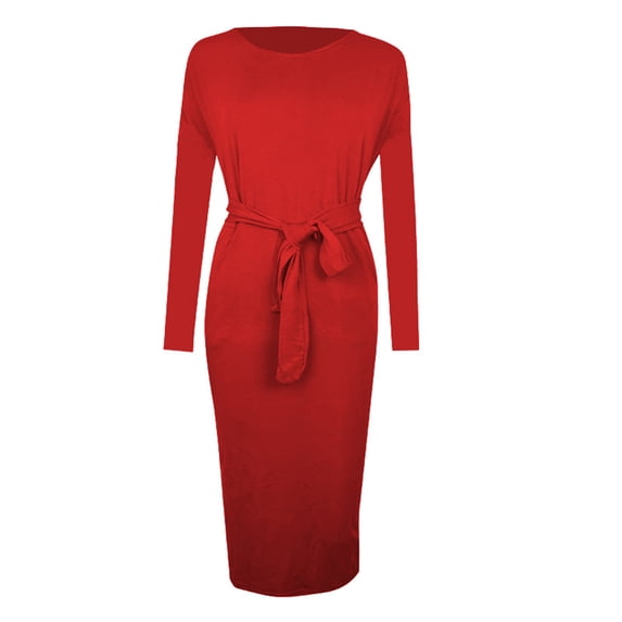 Efsteb Spring Dresses for Women Long Sleeve Wrap Ruched Waistband Round Neck Slim Dress Casual Solid Color Dresses (Red,L)