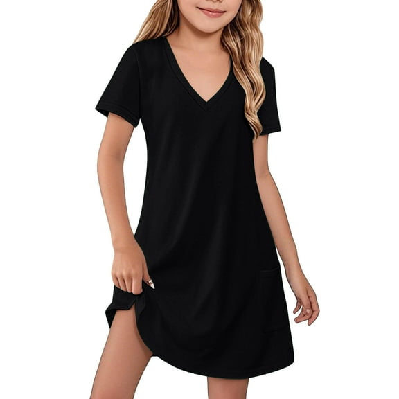 Efsteb Summer Dress for Girls Casual Short Sleeve Sundress Soft Cute Loose Comfy Dresses (Black,5 Years)