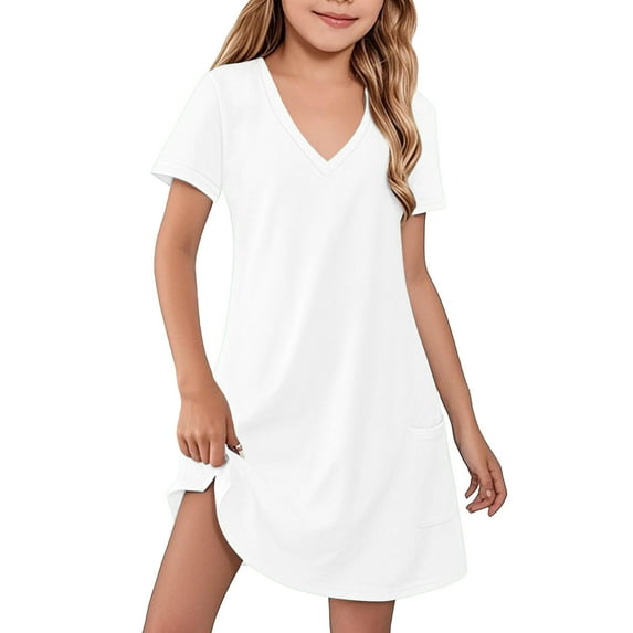 Efsteb Summer Dress for Girls Casual Short Sleeve Sundress Soft Cute Loose Comfy Dresses (White,9 Years)