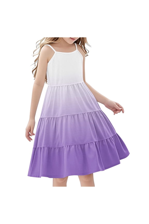 Summer Dress for Girls Casual Ssleeveless Boho Strap Sling Dress Loose Comfy Tiered Cami Beach Dresses (Purple,11 Years)