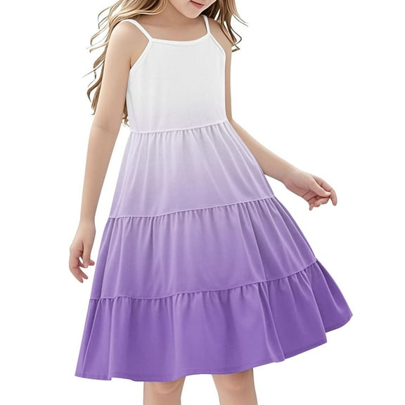 Efsteb Summer Dress for Girls Casual Ssleeveless Boho Strap Sling Dress Loose Comfy Tiered Cami Beach Dresses (Purple,5 Years)