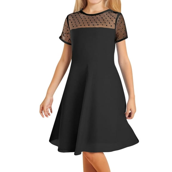 Efsteb Summer Dress for Girls Contrast Mesh Short Sleeve Dress High Waist A Line Casual Dresses (Black,13 Years)