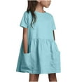 thumbnail image 1 of Efsteb Summer Dress for Girls Cotton Linen Short Sleeve Dress Casual Round Neck Princess Dresses with Pocket (Blue,15 Years), 1 of 8